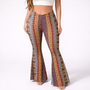 Boho Floral Stripe High-Waist Flare Pants - Multi